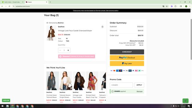 Boohoo US checkout page showing Boohoo US coupon code box | Screenshot taken by SimplyCodes community member on Sep 9, 2025