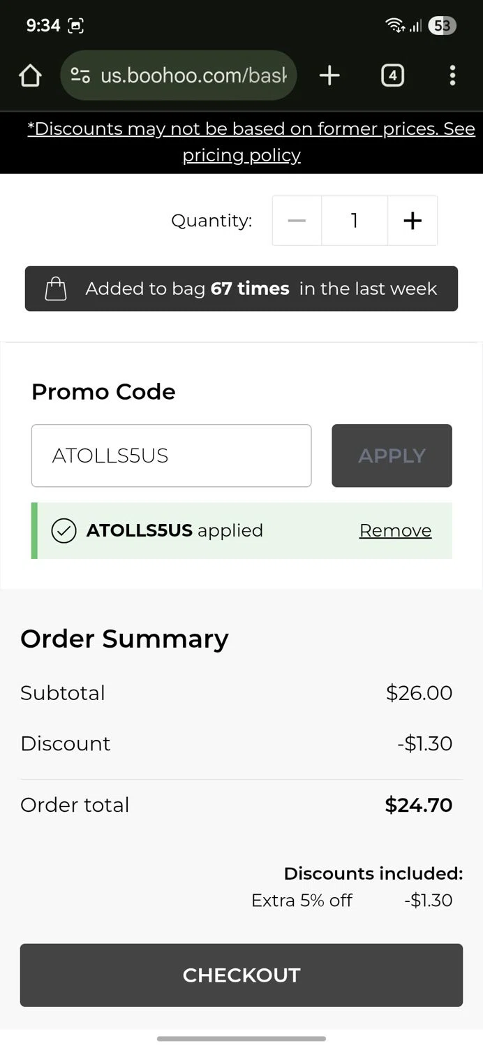 Boohoo US coupon code screenshot showing code ATOLLS5US applied at Boohoo US checkout page. Uploaded by SimplyCodes community member gerardlaya on Jul 23, 2025