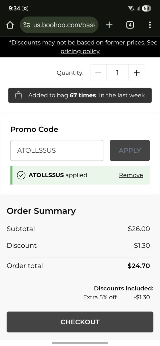 Boohoo US checkout page showing Boohoo US coupon code box | Screenshot taken by SimplyCodes community member on Jul 23, 2025