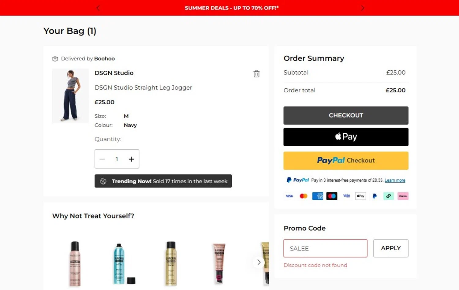 Boohoo US coupon code screenshot showing code SALEE applied at Boohoo US checkout page. Uploaded by SimplyCodes community member CoinScholar3615 on Aug 11, 2025