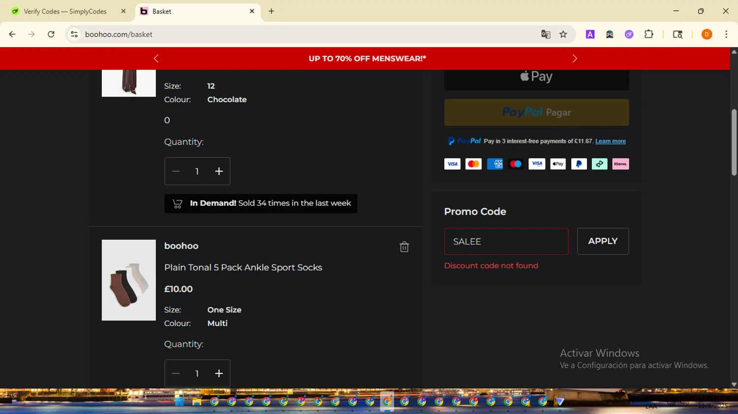 Boohoo US coupon code screenshot showing code SALEE applied at Boohoo US checkout page. Uploaded by SimplyCodes community member SavingsMaverick3203 on Aug 11, 2025