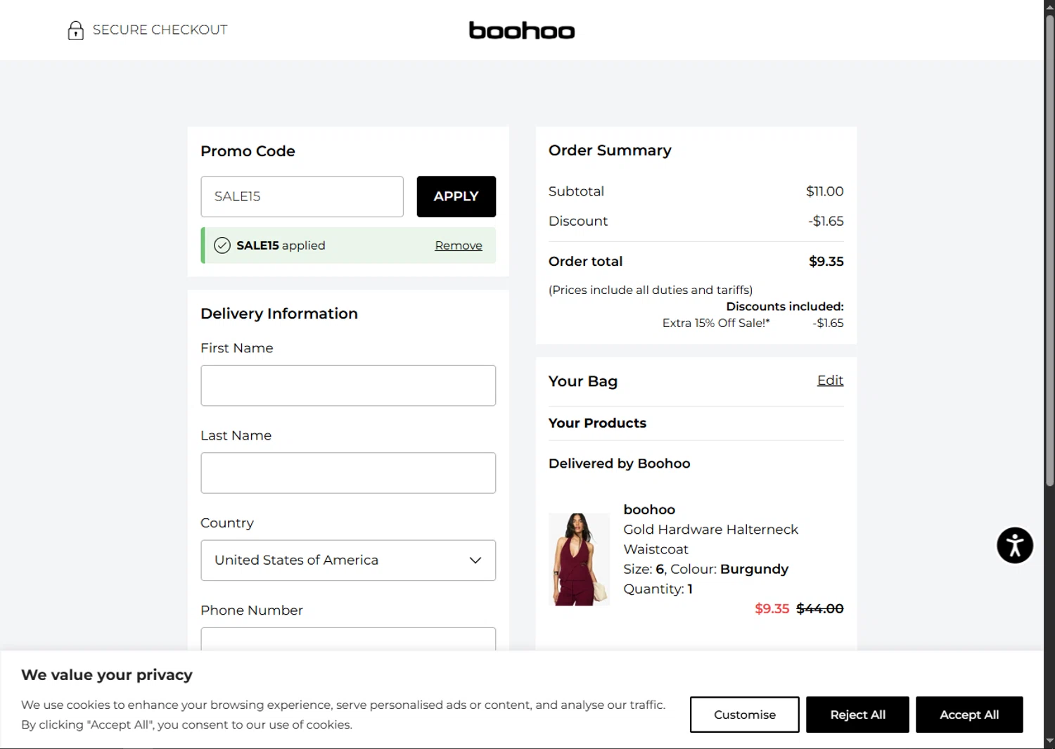 Boohoo US coupon code screenshot showing code SALE15 applied at Boohoo US checkout page. Uploaded by SimplyCodes community member GoldPhoenix3793 on Aug 15, 2025