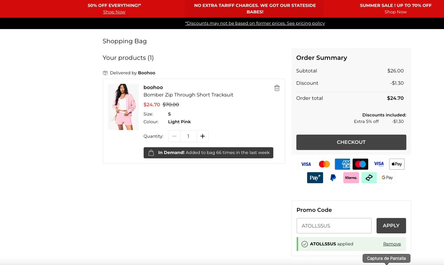Boohoo US coupon code screenshot showing code ATOLLS5US applied at Boohoo US checkout page. Uploaded by SimplyCodes community member ELOIN777 on Jul 23, 2025