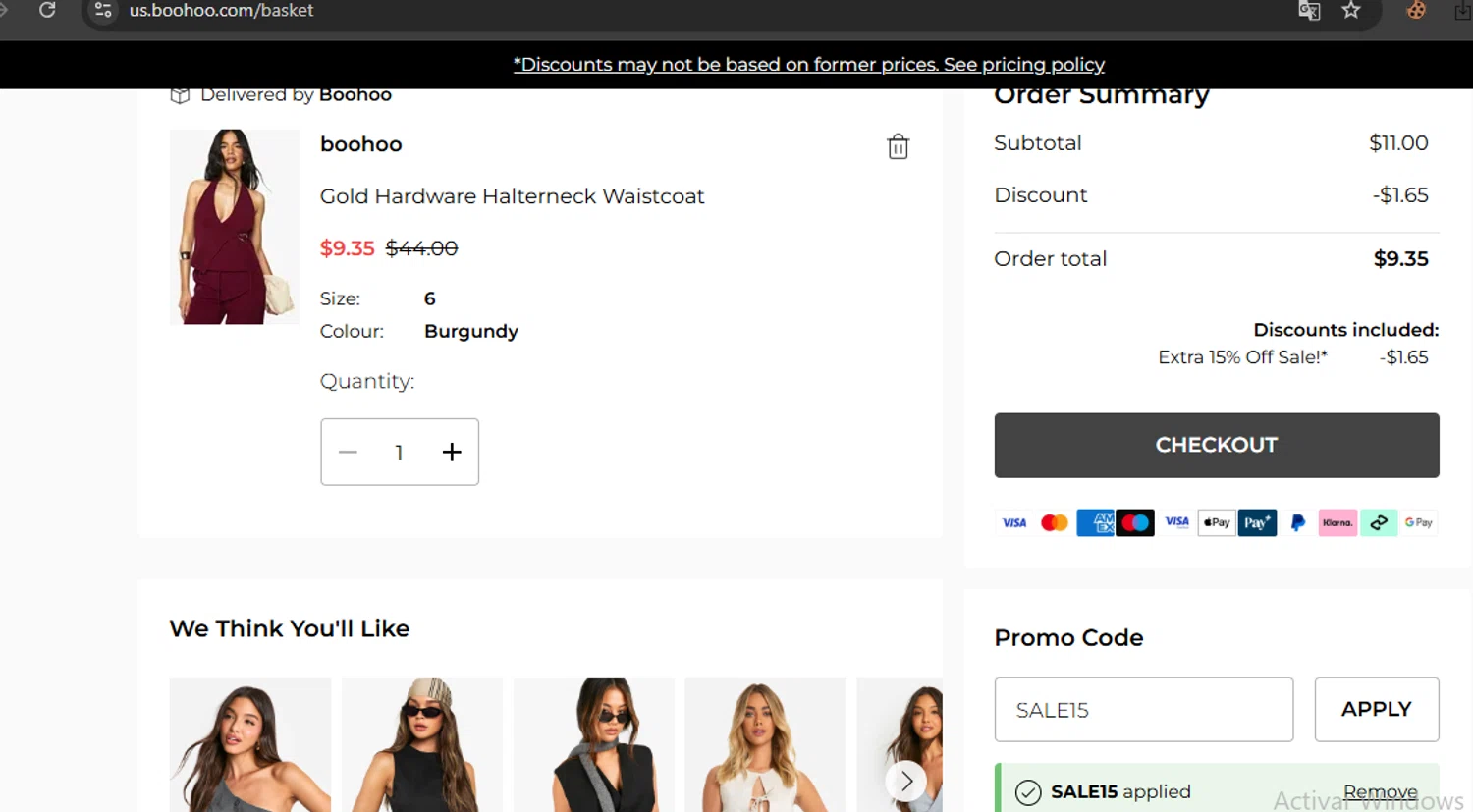 Boohoo US coupon code screenshot showing code SALE15 applied at Boohoo US checkout page. Uploaded by SimplyCodes community member javierprez on Aug 15, 2025