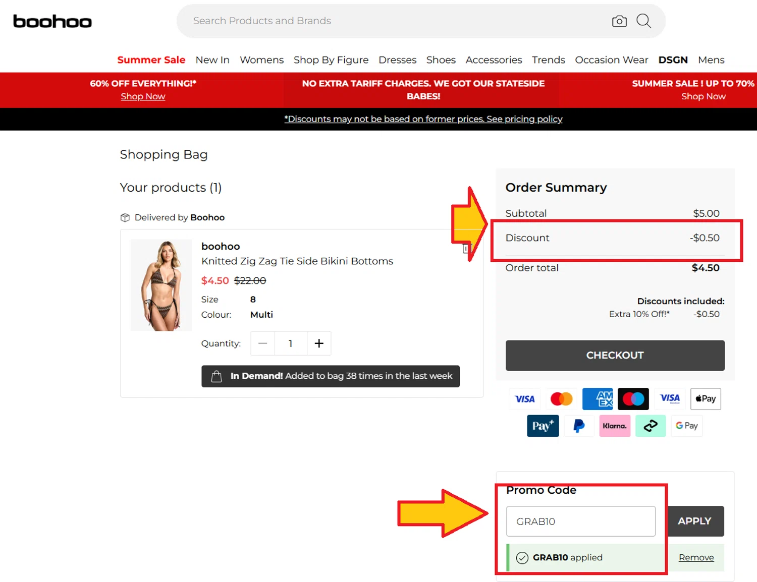Boohoo US coupon code screenshot showing code GRAB10 applied at Boohoo US checkout page. Uploaded by SimplyCodes community member kattylar on Jul 13, 2025