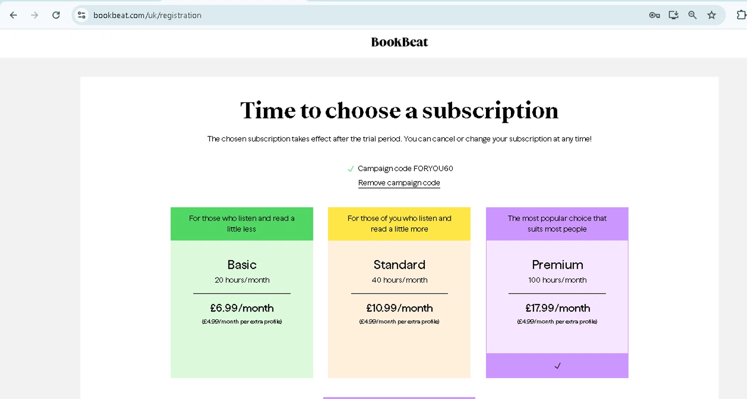 BookBeat checkout page showing BookBeat promo code box | Screenshot taken by SimplyCodes community member on Mar 15, 2025