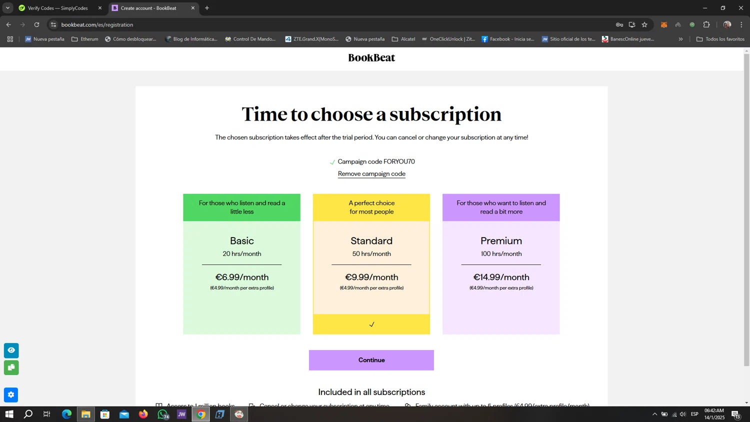 BookBeat promo code screenshot showing code FORYOU70 applied at BookBeat checkout page. Uploaded by SimplyCodes community member Ebsfer on Jan 14, 2025