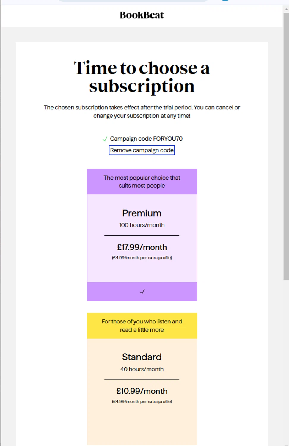 BookBeat promo code screenshot showing code FORYOU70 applied at BookBeat checkout page. Uploaded by SimplyCodes community member Franyer12 on Jan 22, 2025