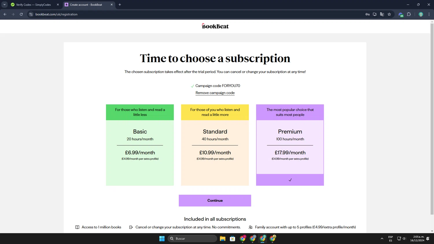 BookBeat checkout page showing BookBeat promo code box | Screenshot taken by SimplyCodes community member on Dec 16, 2024