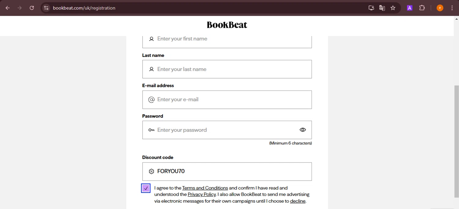 BookBeat promo code screenshot showing code FORYOU70 applied at BookBeat checkout page. Uploaded by SimplyCodes community member NobleElite1598 on Mar 1, 2025
