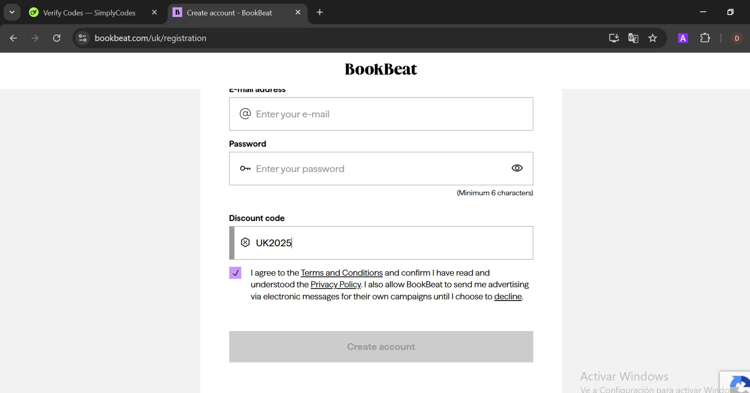 BookBeat checkout page showing BookBeat promo code box | Screenshot taken by SimplyCodes community member on Jan 7, 2025