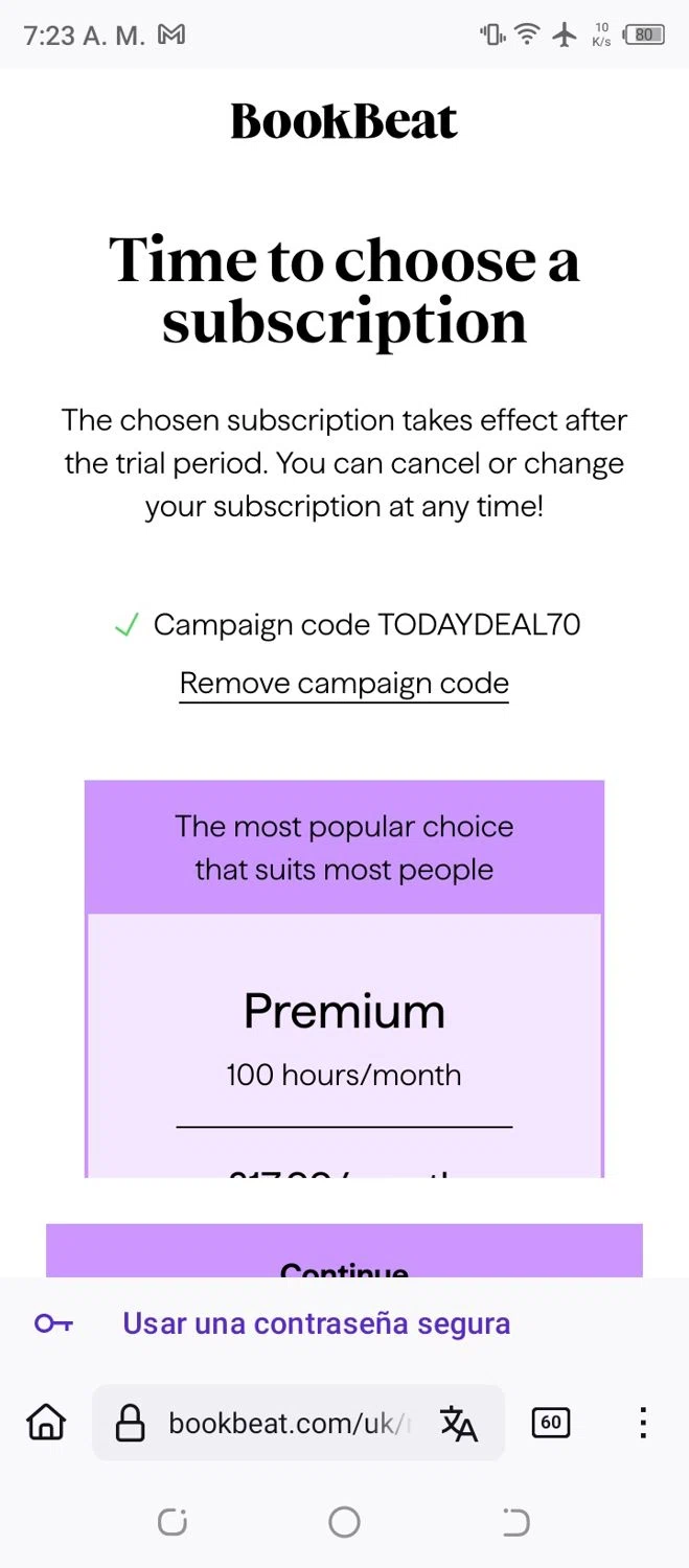 BookBeat checkout page showing BookBeat promo code box | Screenshot taken by SimplyCodes community member on Mar 31, 2025