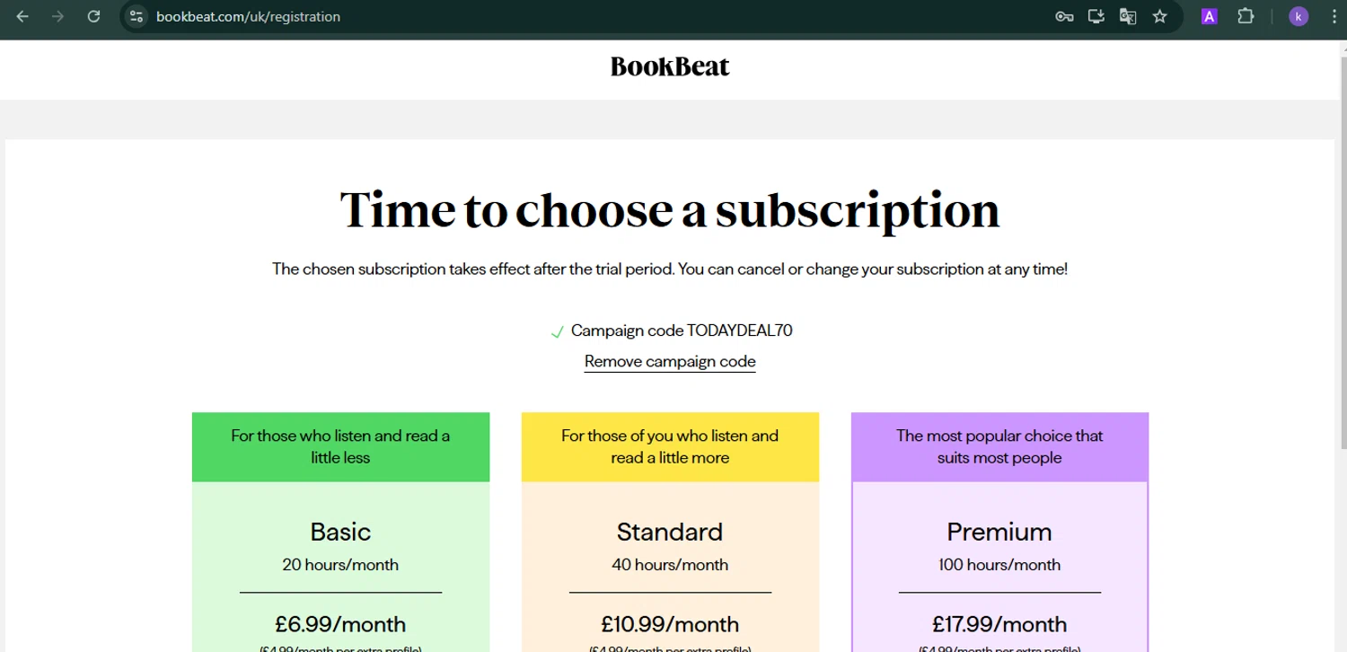 BookBeat checkout page showing BookBeat promo code box | Screenshot taken by SimplyCodes community member on Mar 2, 2025