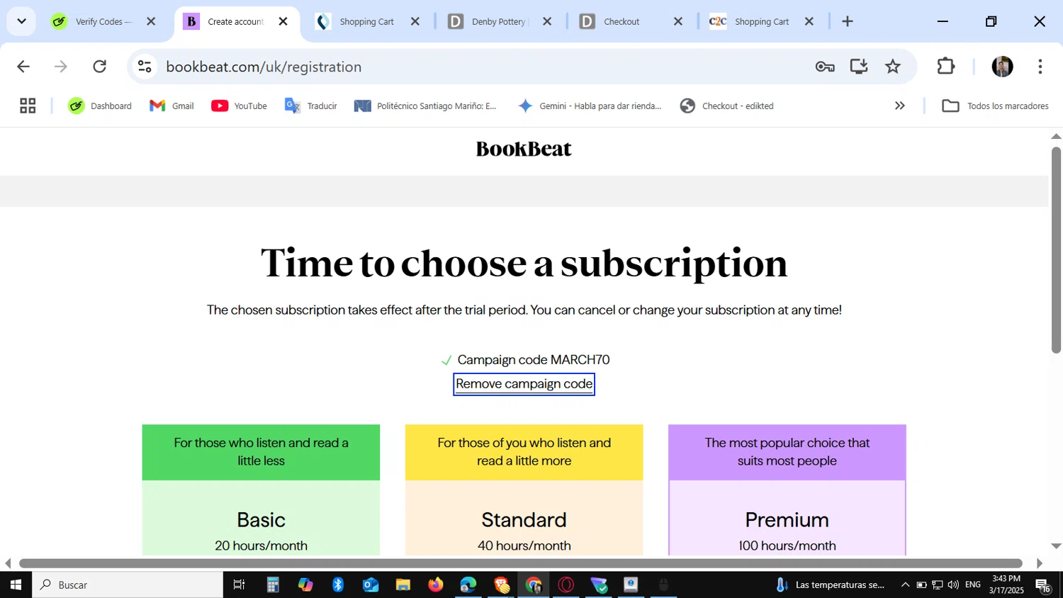 BookBeat checkout page showing BookBeat promo code box | Screenshot taken by SimplyCodes community member on Mar 17, 2025