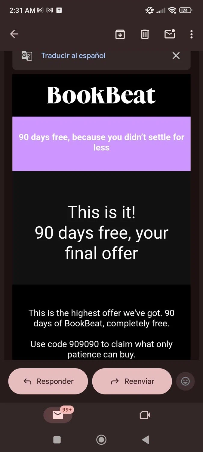 BookBeat promo code screenshot showing code 909090 applied at BookBeat checkout page. Uploaded by SimplyCodes community member SaraiVillarroel on Aug 17, 2025