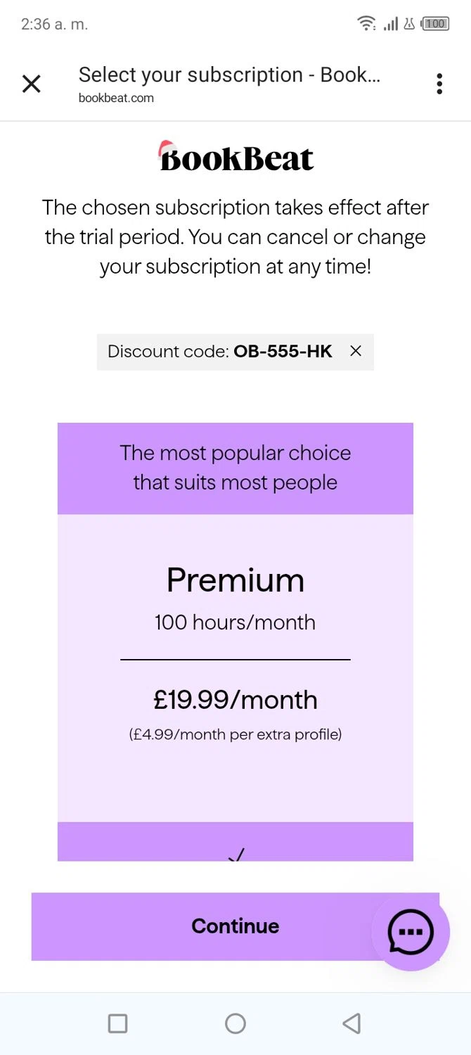 BookBeat promo code screenshot showing code OB-555-HK applied at BookBeat checkout page. Uploaded by SimplyCodes community member tumiedo on Dec 27, 2025