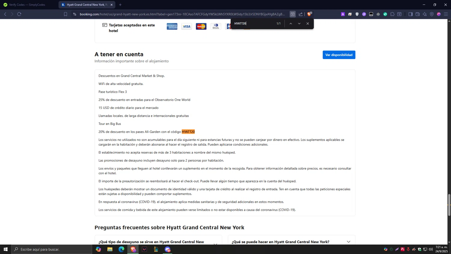 Booking.com AU promo code screenshot showing code HYATT20 applied at Booking.com AU checkout page. Uploaded by SimplyCodes community member Tragedy on Sep 24, 2025