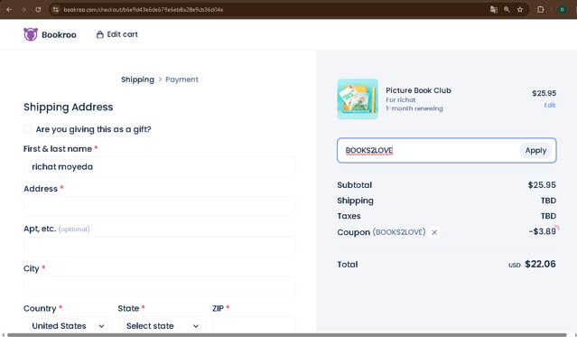 Bookroo checkout page showing Bookroo coupon code box | Screenshot taken by SimplyCodes community member on Jul 21, 2025