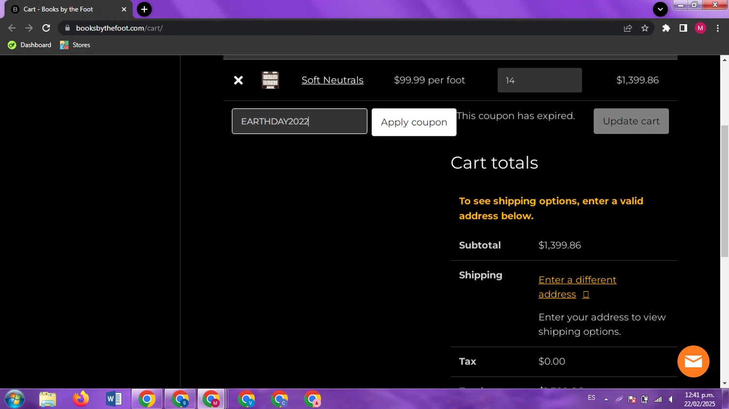 Books by the Foot promo code screenshot showing code EARTHDAY2022 applied at Books by the Foot checkout page. Uploaded by SimplyCodes community member CouponAce9216 on Feb 22, 2025