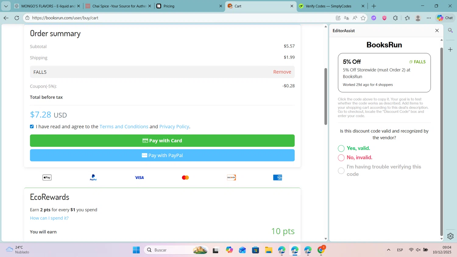 BooksRun coupon code screenshot showing code FALL5 applied at BooksRun checkout page. Uploaded by SimplyCodes community member Rapunzel on Dec 10, 2025