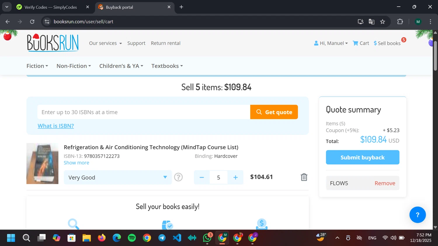 BooksRun checkout page showing BooksRun coupon code box | Screenshot taken by SimplyCodes community member on Dec 18, 2025