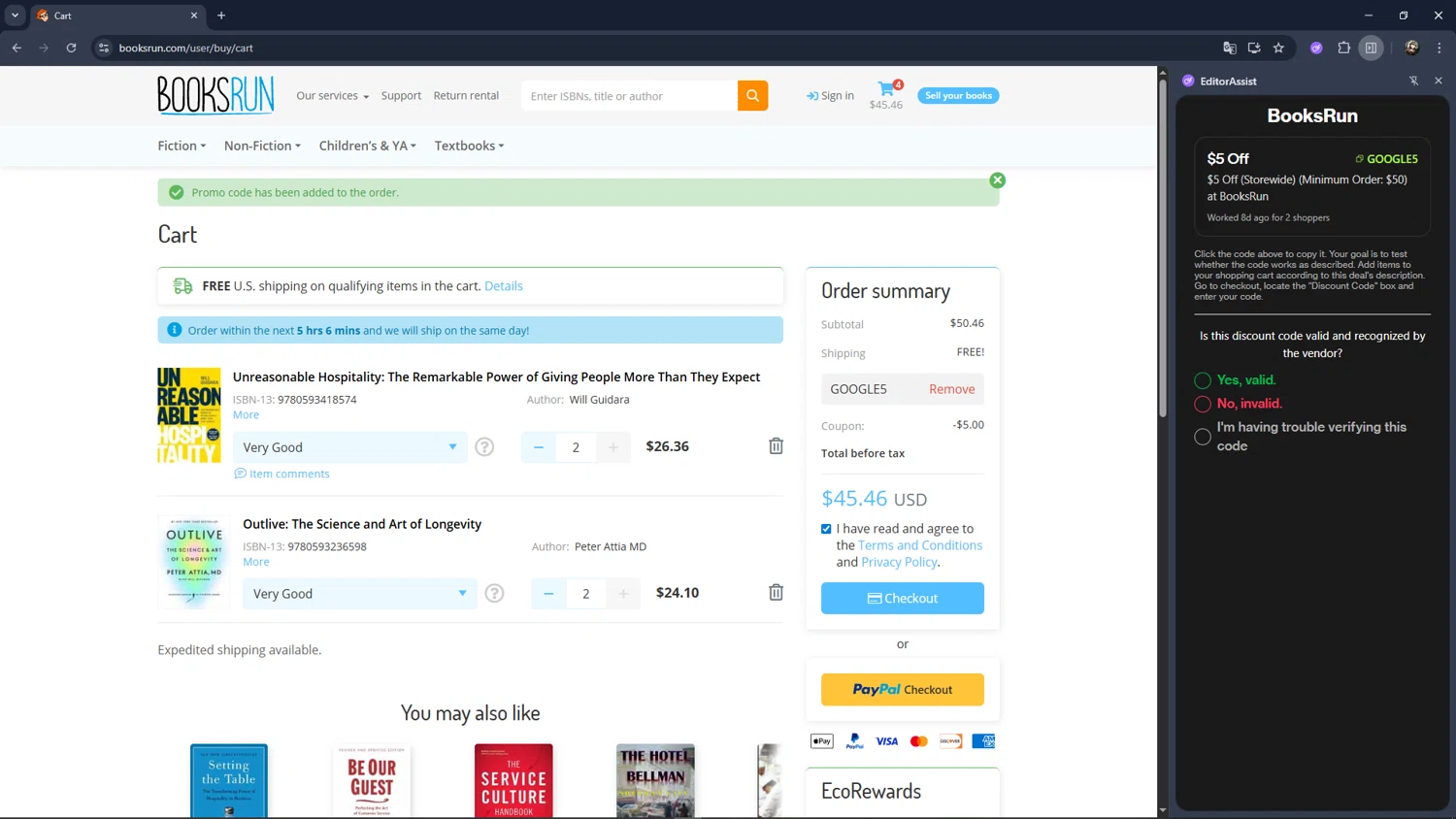 BooksRun coupon code screenshot showing code GOOGLE5 applied at BooksRun checkout page. Uploaded by SimplyCodes community member VictoriousCaptain3902 on Feb 17, 2026