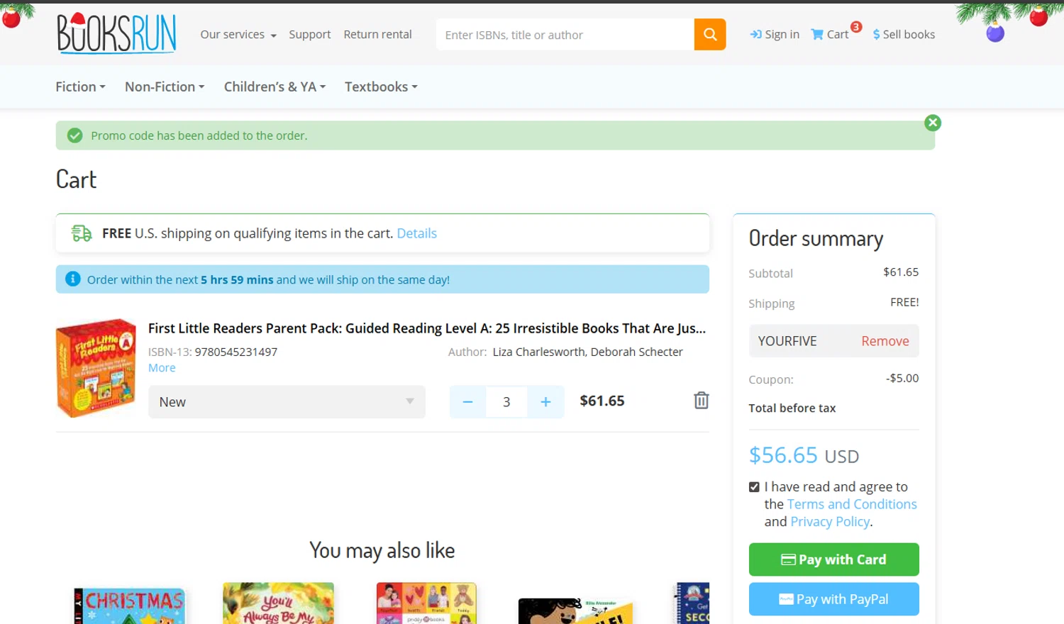 BooksRun coupon code screenshot showing code YOURFIVE applied at BooksRun checkout page. Uploaded by SimplyCodes community member PrimeMaverick5747 on Dec 16, 2025