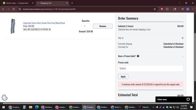 Boombah checkout page showing Boombah promo code box | Screenshot taken by SimplyCodes community member on Aug 7, 2025