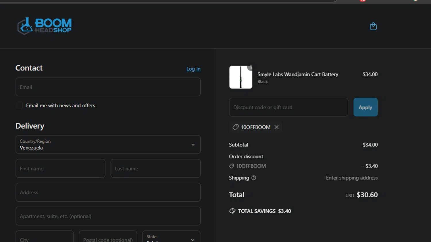 BOOM Headshop discount code screenshot showing code 10offboom applied at BOOM Headshop checkout page. Uploaded by SimplyCodes community member Gianpiero on Jun 29, 2025