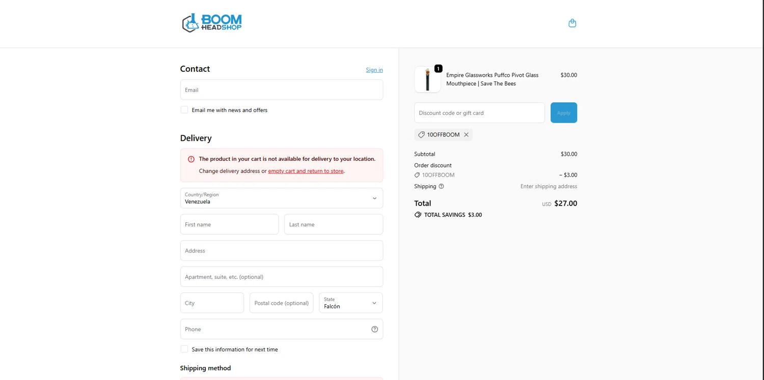 BOOM Headshop discount code screenshot showing code 10offboom applied at BOOM Headshop checkout page. Uploaded by SimplyCodes community member ValueGenius9720 on Nov 18, 2025