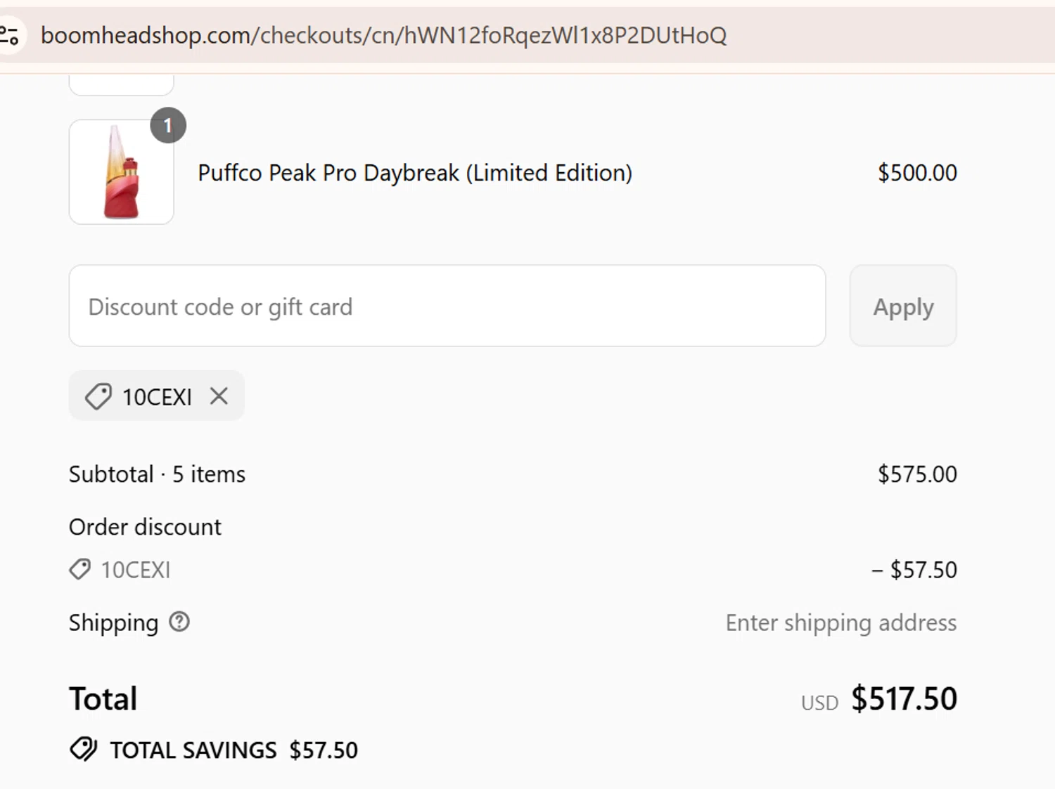 BOOM Headshop discount code screenshot showing code 10CEXI applied at BOOM Headshop checkout page. Uploaded by SimplyCodes community member CouponSage9293 on Jul 25, 2025