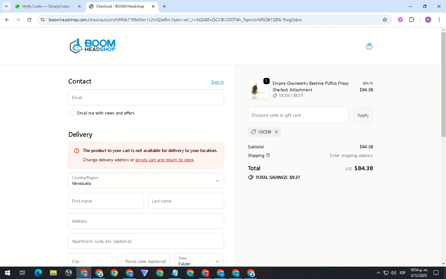 BOOM Headshop discount code screenshot showing code 10CEXI applied at BOOM Headshop checkout page. Uploaded by SimplyCodes community member MightyShopper3015 on Dec 4, 2025