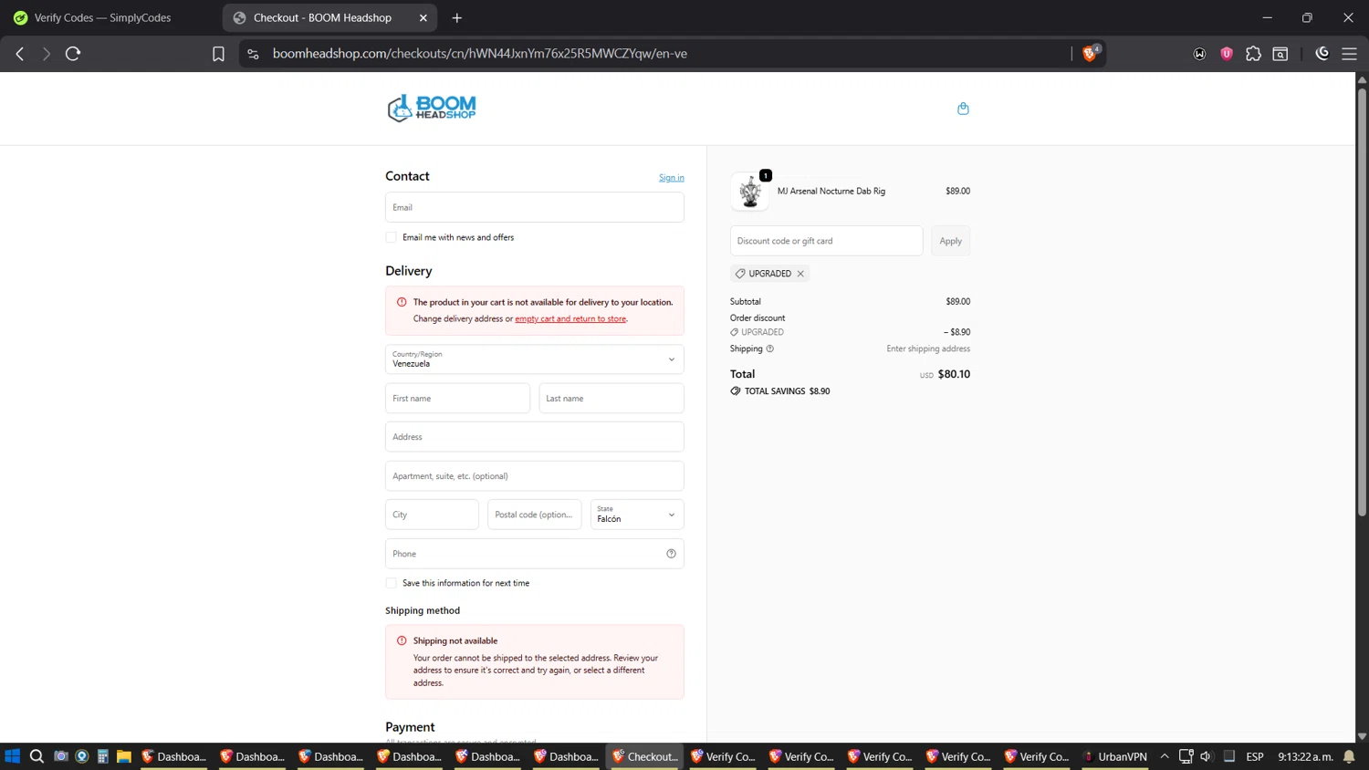BOOM Headshop discount code screenshot showing code UPGRADED applied at BOOM Headshop checkout page. Uploaded by SimplyCodes community member Shizuku on Oct 13, 2025