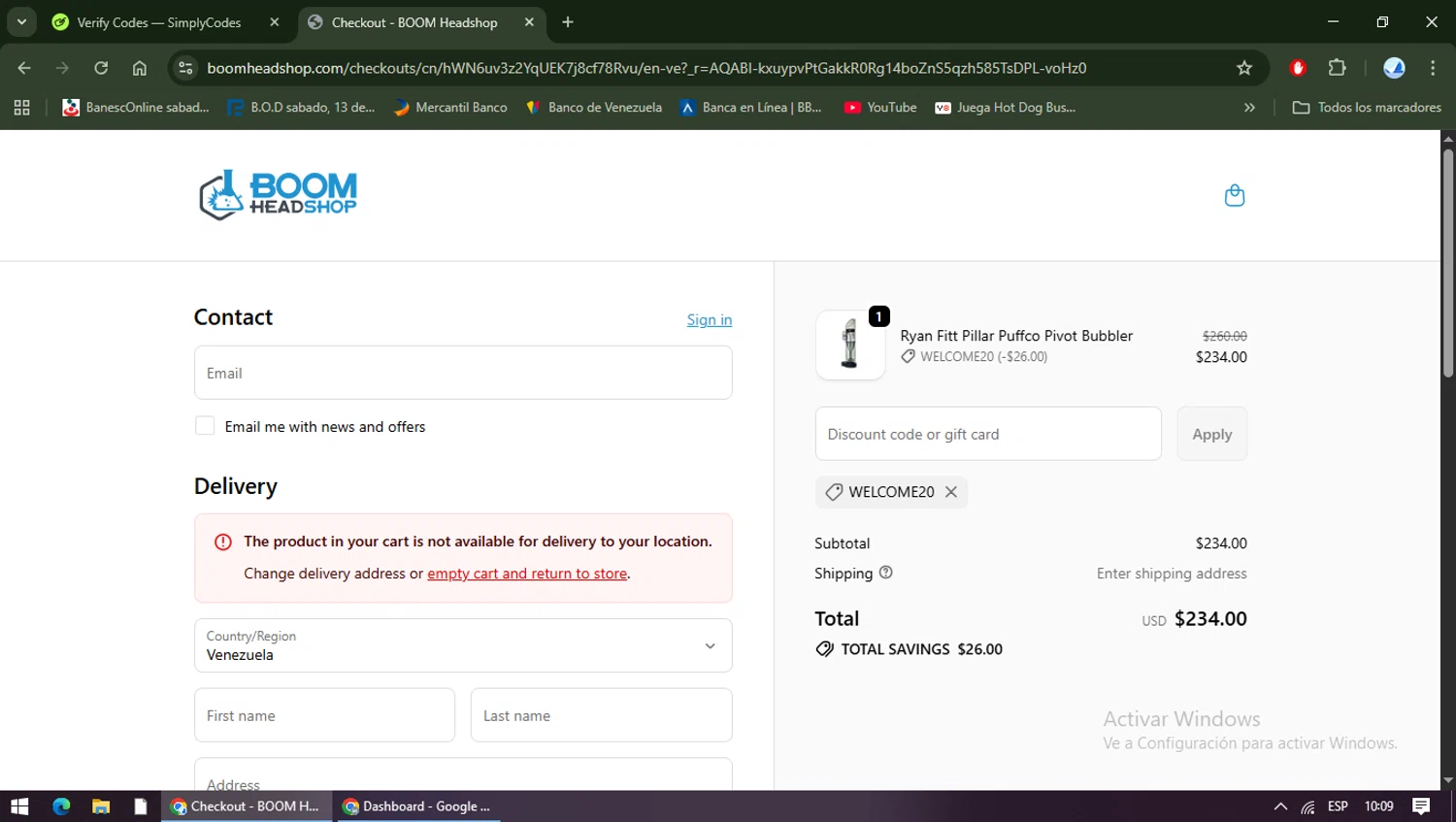 BOOM Headshop discount code screenshot showing code WELCOME20 applied at BOOM Headshop checkout page. Uploaded by SimplyCodes community member TreasureShopper9156 on Dec 27, 2025