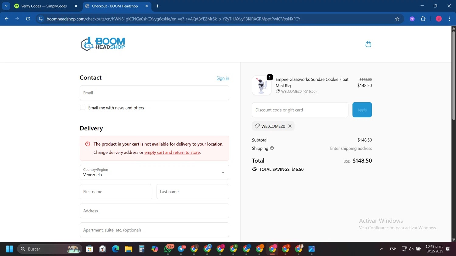 BOOM Headshop discount code screenshot showing code WELCOME20 applied at BOOM Headshop checkout page. Uploaded by SimplyCodes community member Tryhard on Dec 4, 2025
