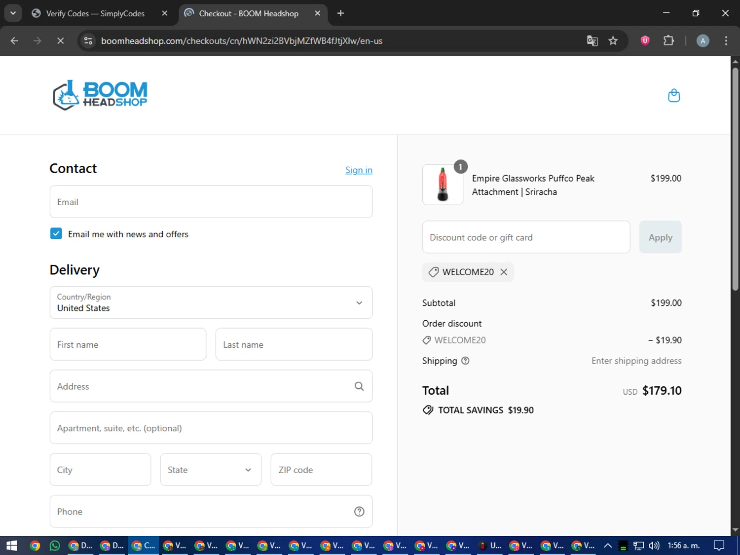 BOOM Headshop discount code screenshot showing code WELCOME20 applied at BOOM Headshop checkout page. Uploaded by SimplyCodes community member trippieredd on Sep 15, 2025