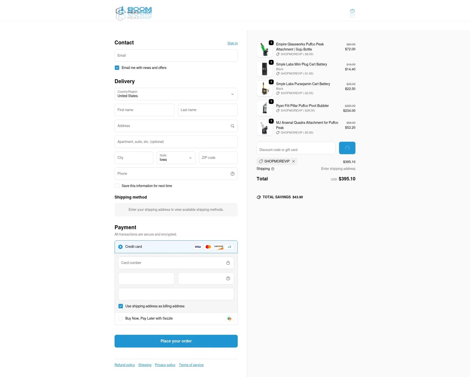 BOOM Headshop discount code screenshot showing code shopmorevip applied at BOOM Headshop checkout page. Uploaded by SimplyCodes community member LOgoter on Jan 31, 2026