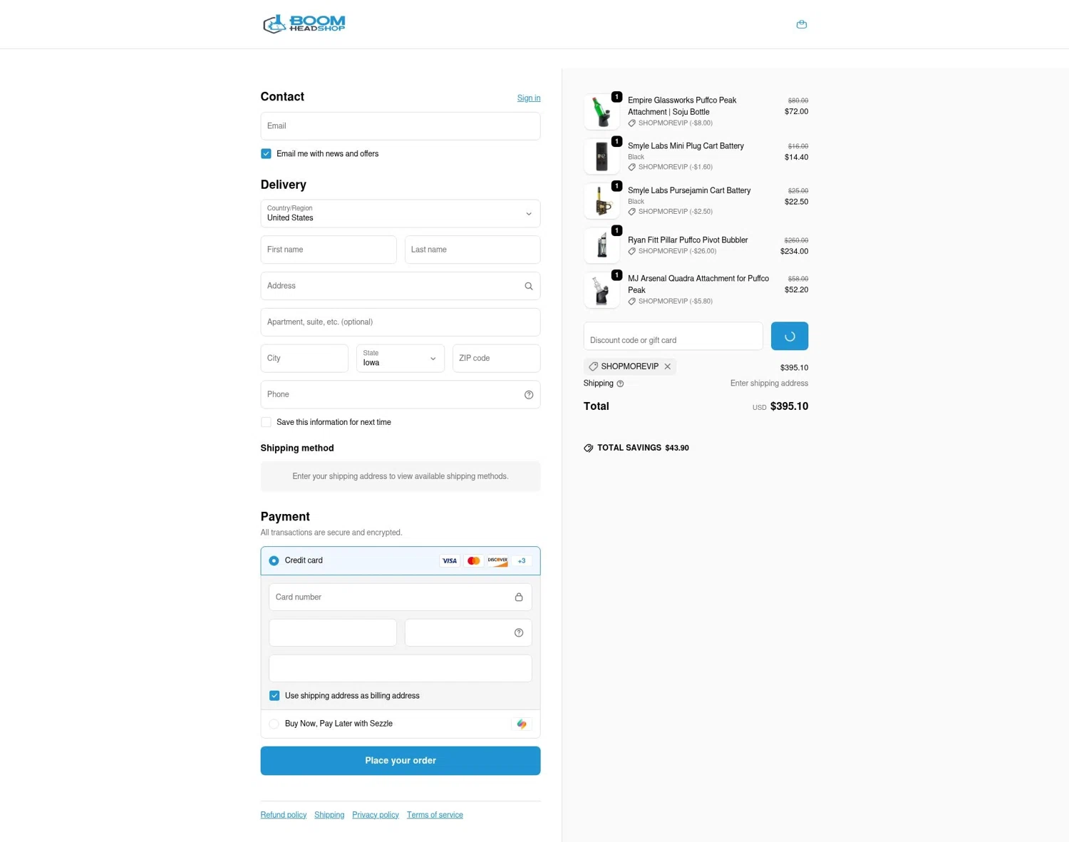 BOOM Headshop discount code screenshot showing code shopmorevip applied at BOOM Headshop checkout page. Uploaded by SimplyCodes community member LOgoter on Jan 5, 2026