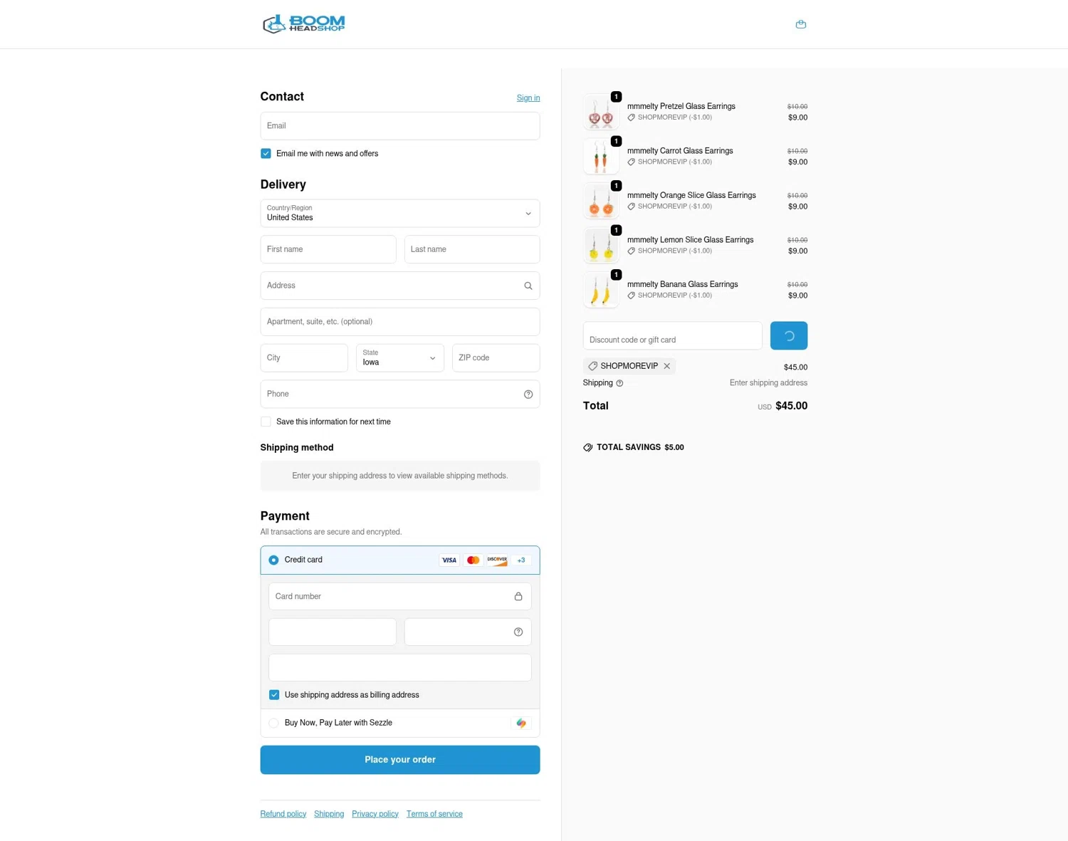 BOOM Headshop discount code screenshot showing code shopmorevip applied at BOOM Headshop checkout page. Uploaded by SimplyCodes community member saltediosteve on Dec 27, 2025