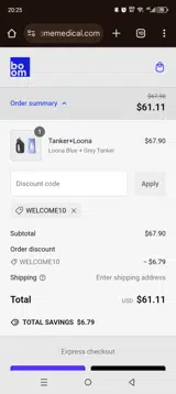 WELCOME10 coupon verification screenshot