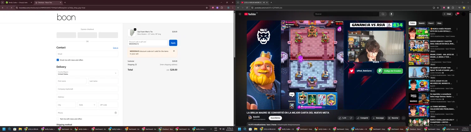Boon Ties discount code screenshot showing code WEDDING15 applied at Boon Ties checkout page. Uploaded by SimplyCodes community member GloriousPioneer2942 on Oct 8, 2025