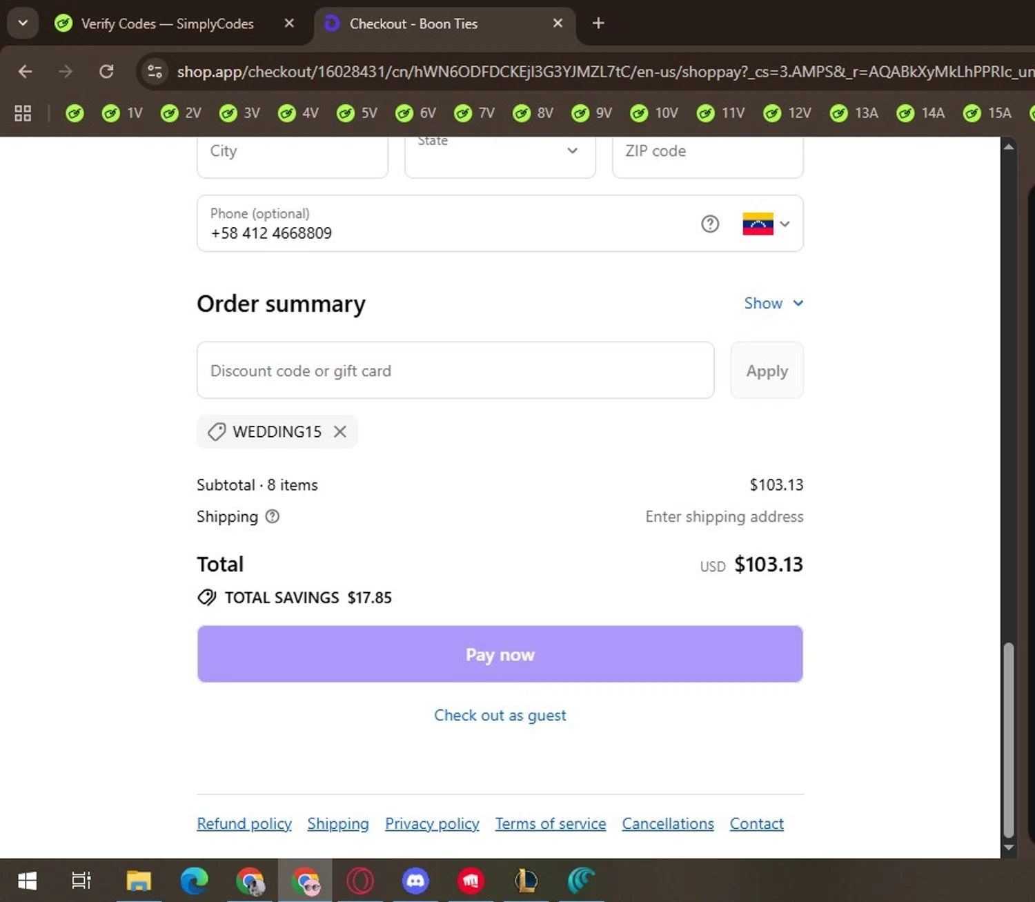 Boon Ties discount code screenshot showing code WEDDING15 applied at Boon Ties checkout page. Uploaded by SimplyCodes community member Locura on Dec 13, 2025