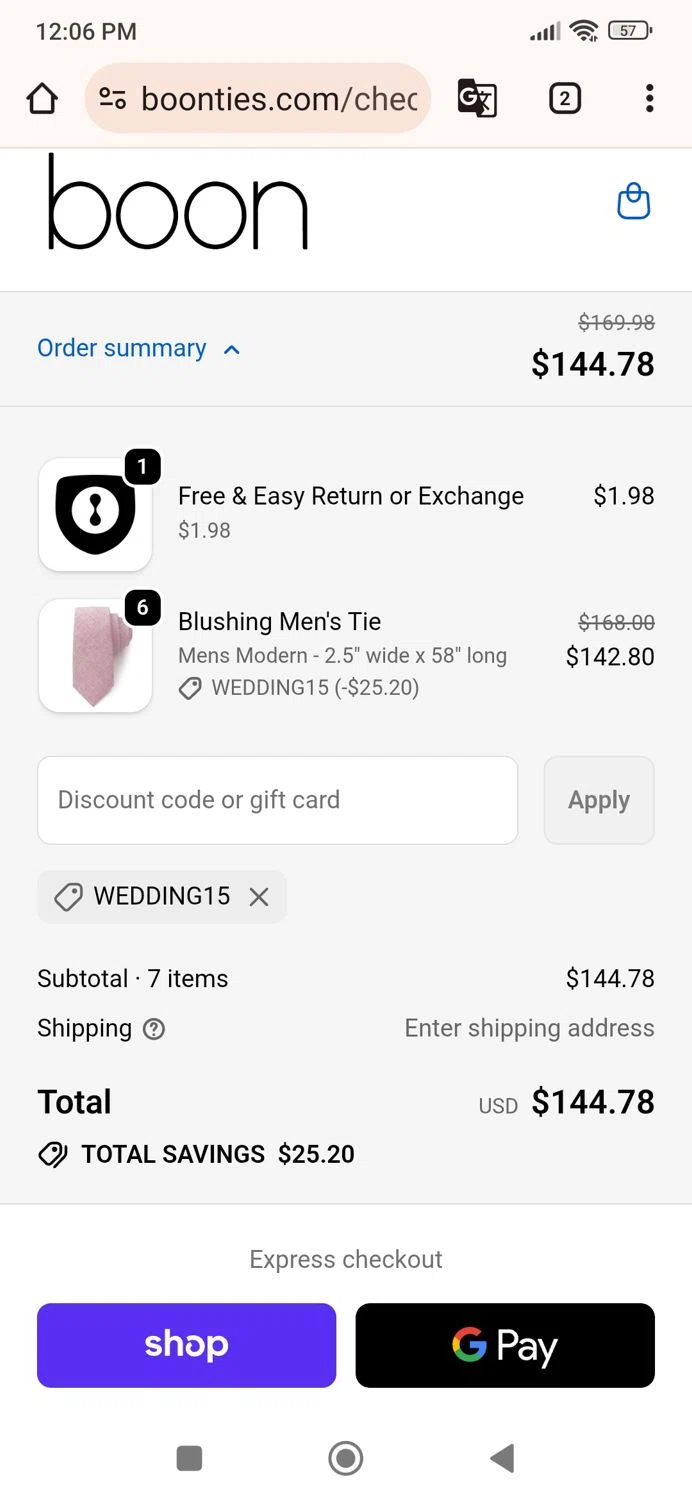 Boon Ties discount code screenshot showing code WEDDING15 applied at Boon Ties checkout page. Uploaded by SimplyCodes community member Ric_alfon on Oct 16, 2025