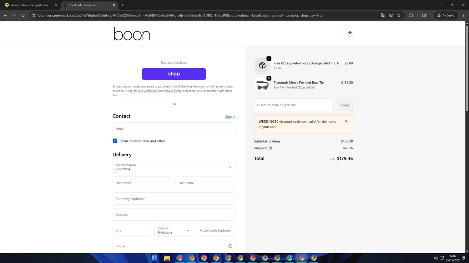 Boon Ties discount code screenshot showing code WEDDING20 applied at Boon Ties checkout page. Uploaded by SimplyCodes community member SAKURA on Dec 25, 2025