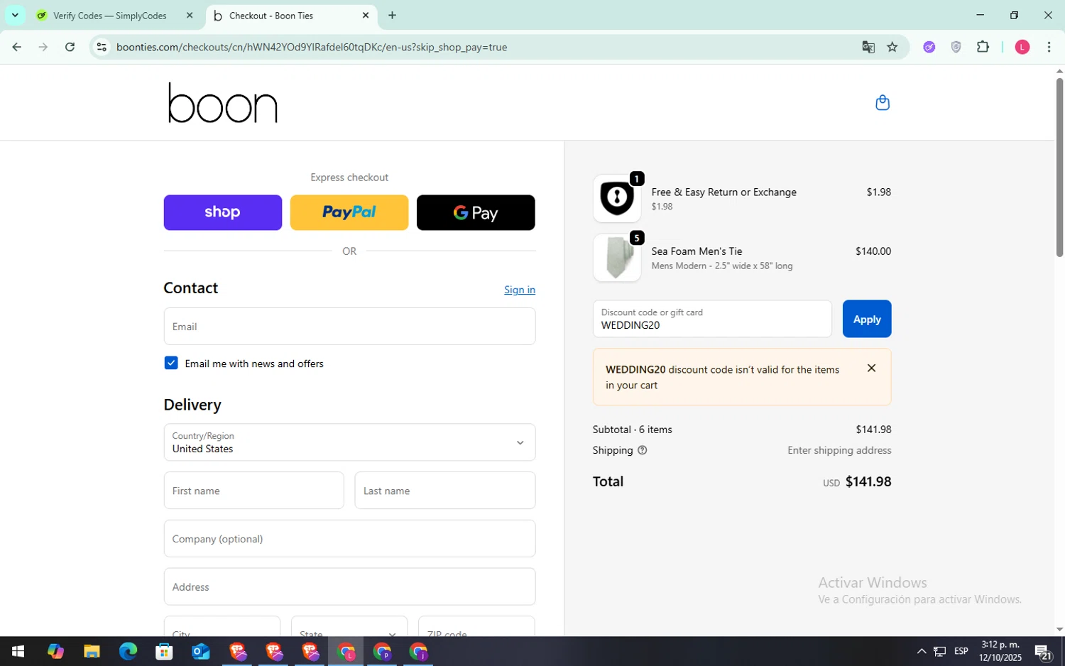 Boon Ties discount code screenshot showing code WEDDING20 applied at Boon Ties checkout page. Uploaded by SimplyCodes community member SilverFox3257 on Oct 12, 2025