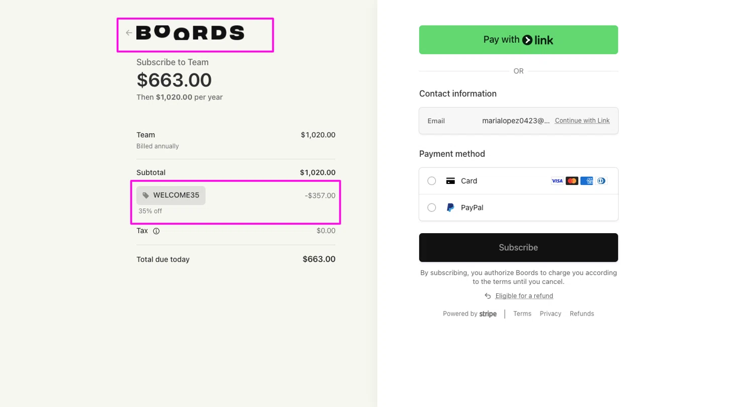 Boords promo code screenshot showing code WELCOME35 applied at Boords checkout page. Uploaded by SimplyCodes community member chandlerbing on Jun 2, 2026