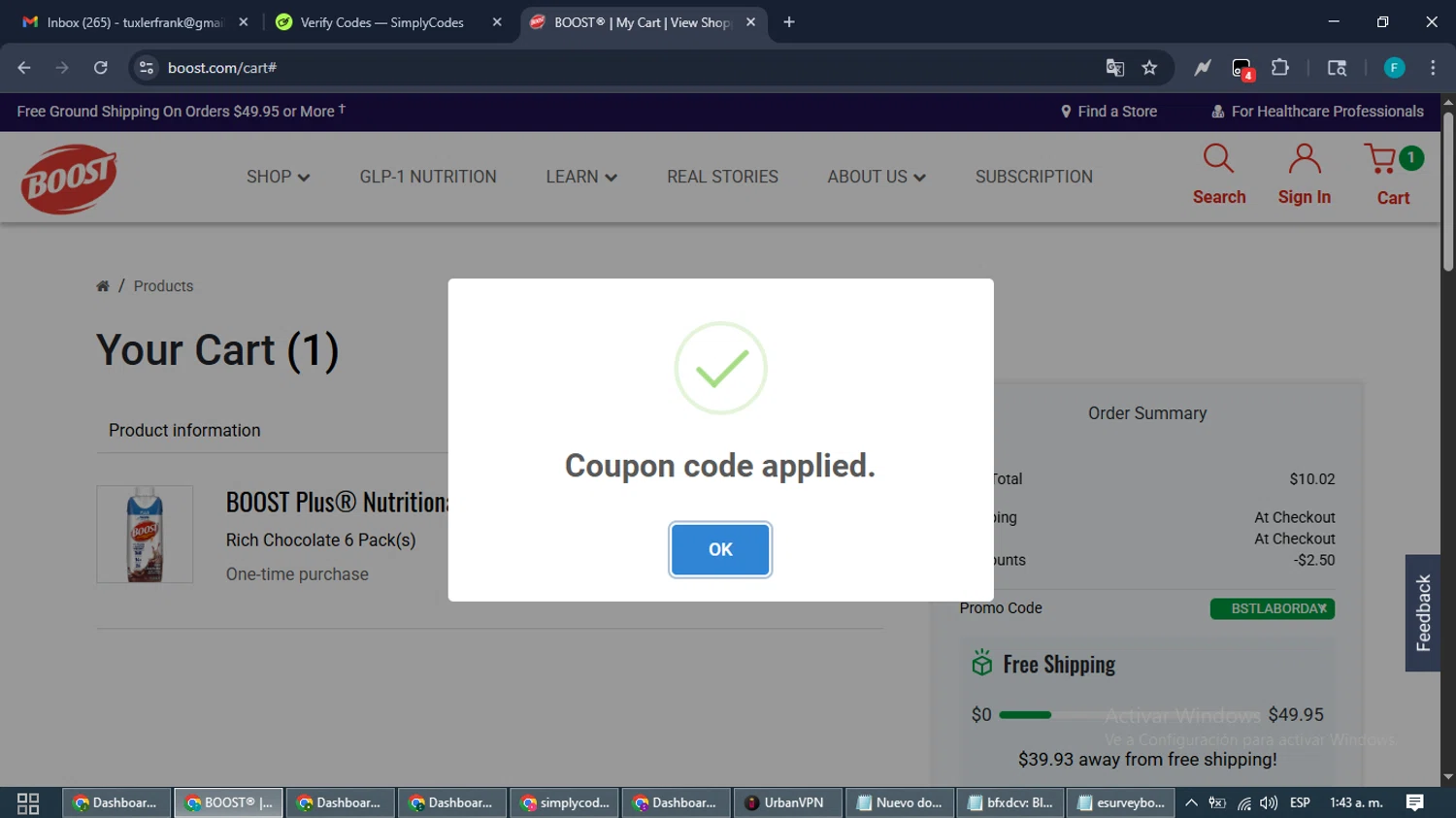 Boost promo code screenshot showing code BSTLABORDAY applied at Boost checkout page. Uploaded by SimplyCodes community member ShrewdTitan3233 on Aug 29, 2025