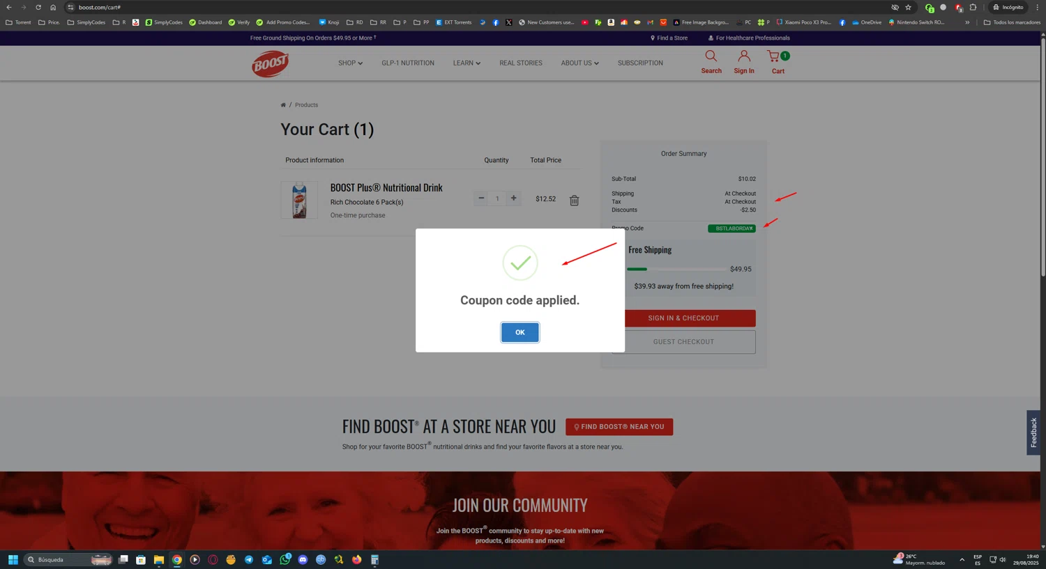 Boost promo code screenshot showing code BSTLABORDAY applied at Boost checkout page. Uploaded by SimplyCodes community member UnkNownVnzla on Aug 29, 2025