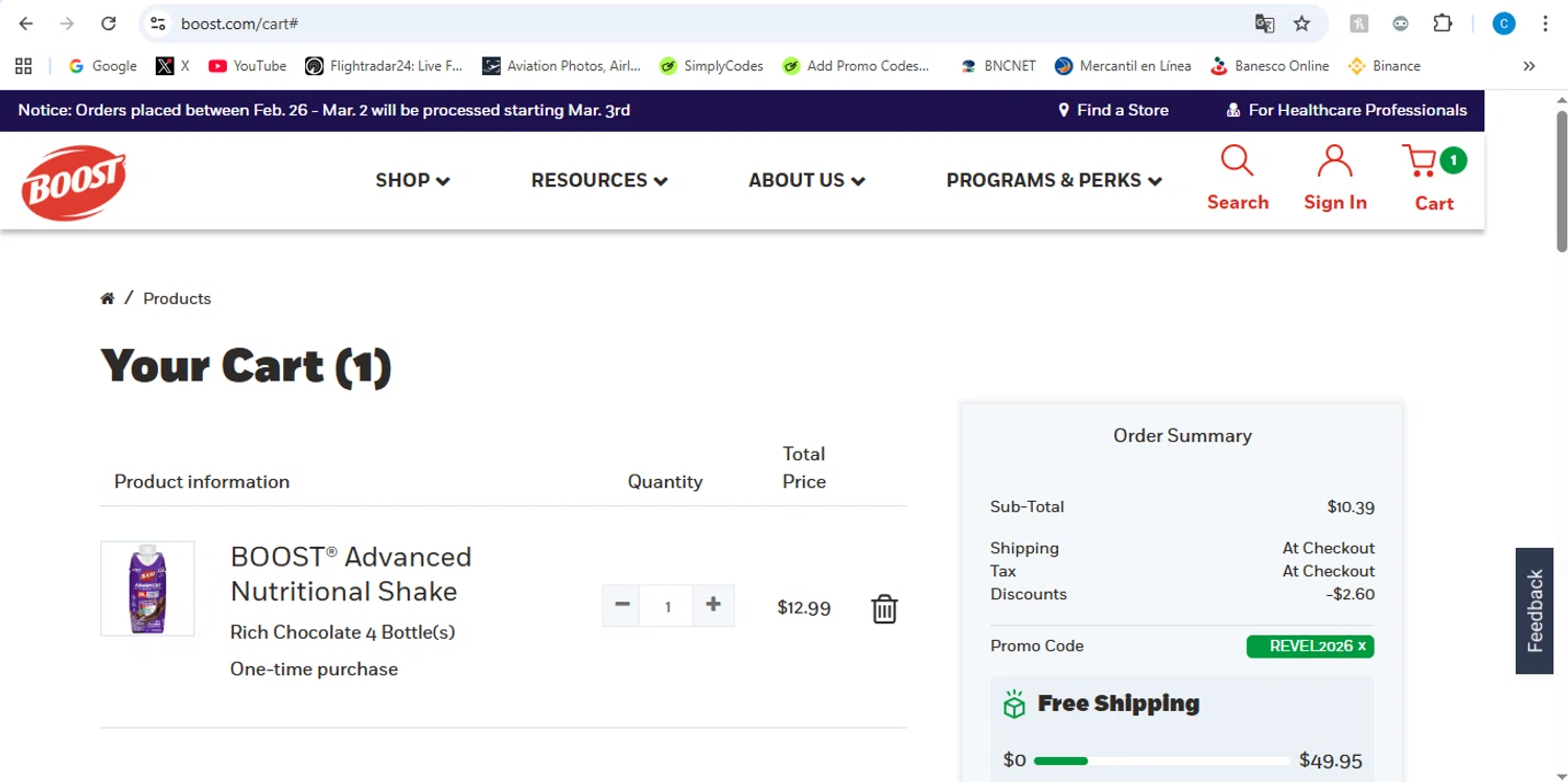 Boost promo code screenshot showing code REVEL2026 applied at Boost checkout page. Uploaded by SimplyCodes community member victor on Feb 24, 2026