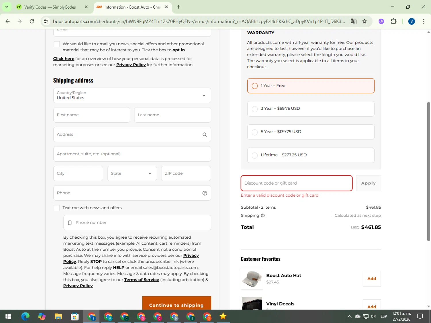 Boost Auto Parts promo code screenshot showing code BFCM25 applied at Boost Auto Parts checkout page. Uploaded by SimplyCodes community member 00000007 on Feb 27, 2026